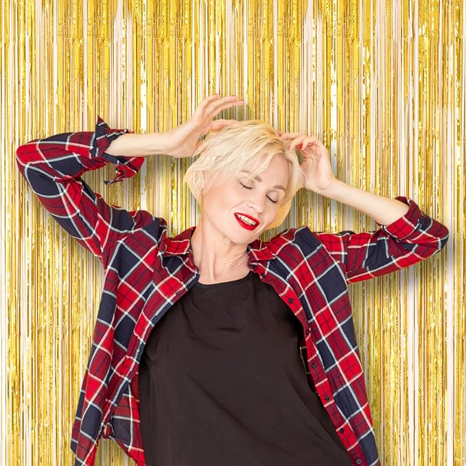2 Pack Laser Gold Foil Fringe Backdrop Curtains, Tinsel Streamers Birthday Party Decorations, Fringe Backdrop for Graduation, Baby Shower, Gender Reveal, Disco Party