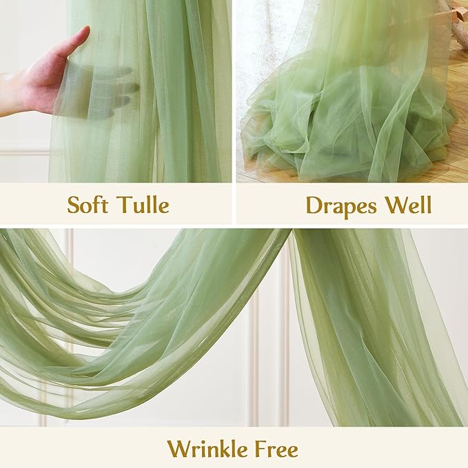 Wedding Arch Draping Fabric Backdrop 1 Panel 30" x 19Ft Sage Green Drapes Curtains for Wedding Reception Sheer Tulle Backdrop Curtain for Ceremony Birthday Party Baby Shower Arbor Ceiling Decorations