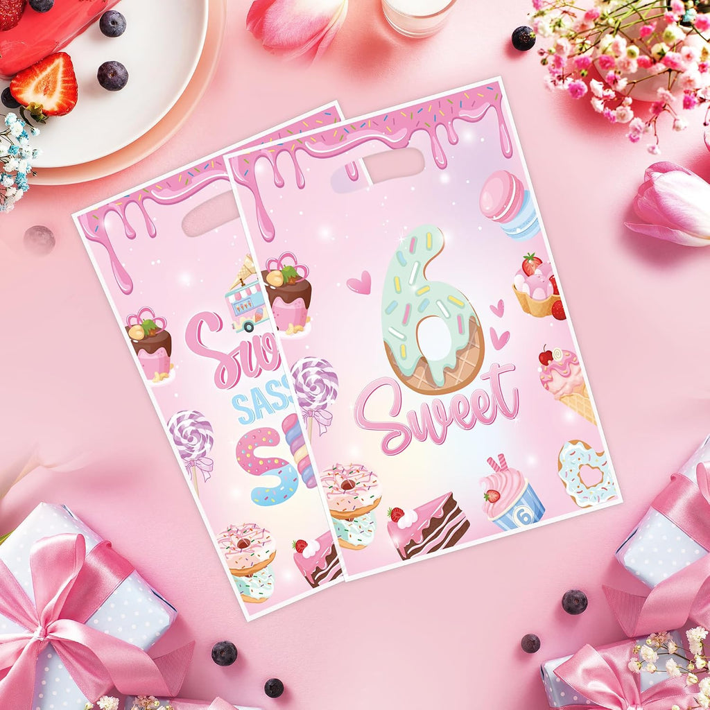 EoBeCy Sweet Sassy and Six Birthday Decorations for Girls, 50 Pcs 6th Birthday Plastic Treat Candy Goodie Treat Gift Bags with Handles, Pink Donut Ice Cream Themed 6 Year Old Party Favor Bags