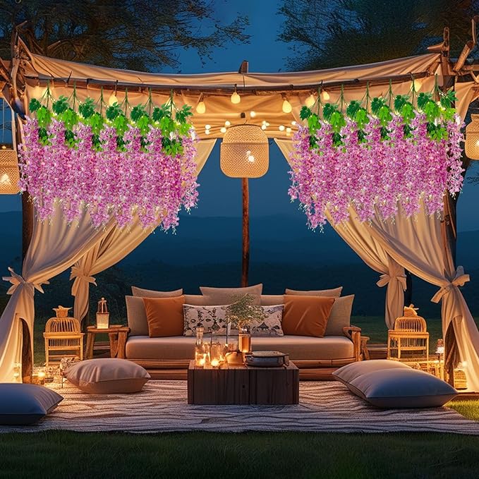 12 Pack Purple Red Wisteria Hanging Flowers Garland with Lights, 3.44 Feet Artificial Flower Vines, Fake Wisteria, Artificial Vines Hanging Garland for Backdrop Outdoor Patio Garden Decor