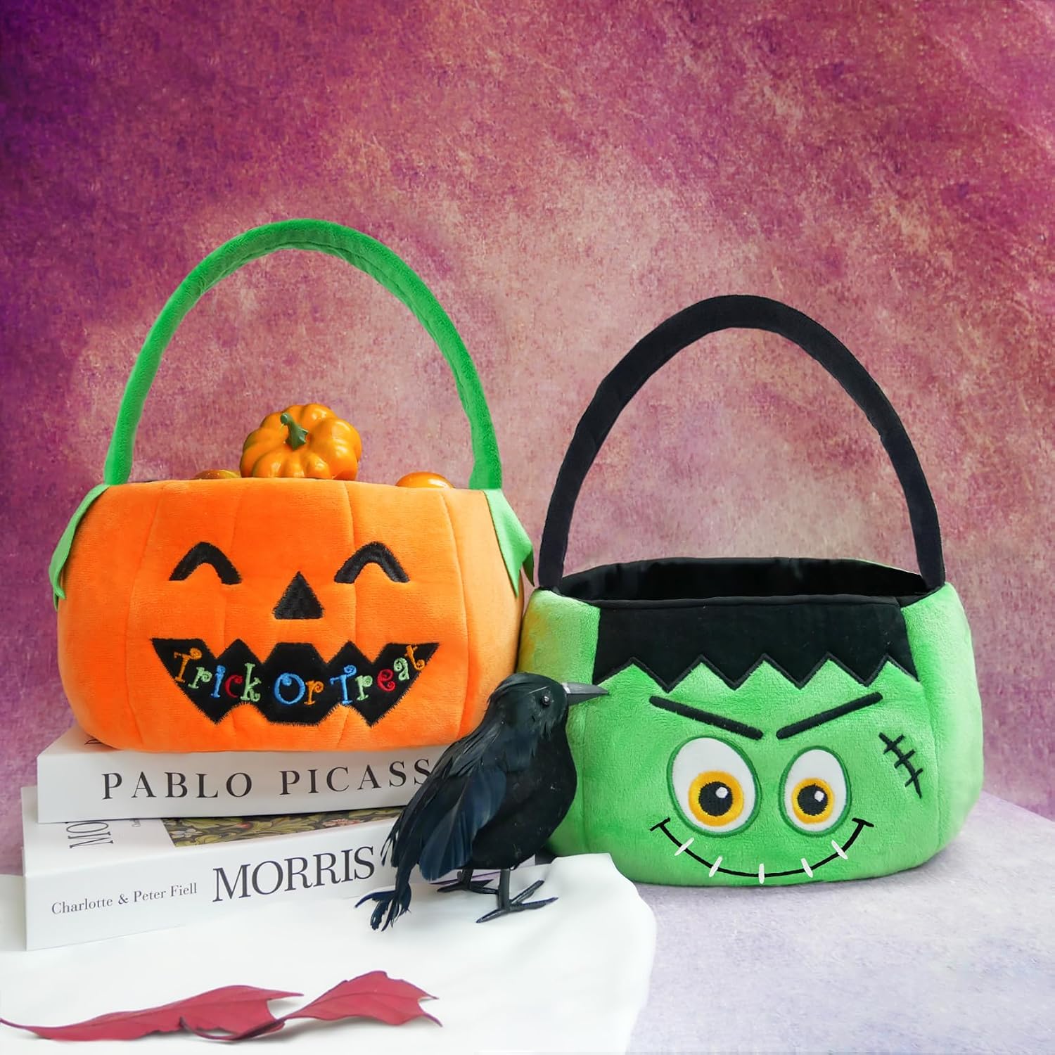 Set of 2pcs, Dia 11",Halloween Plush Pumpkin and Hulk Baskets Trick or Treat Bags Halloween Candy Bucket for Kids, Gift Bucket for Party Favor Supplies(Pumpkin&Hulk)