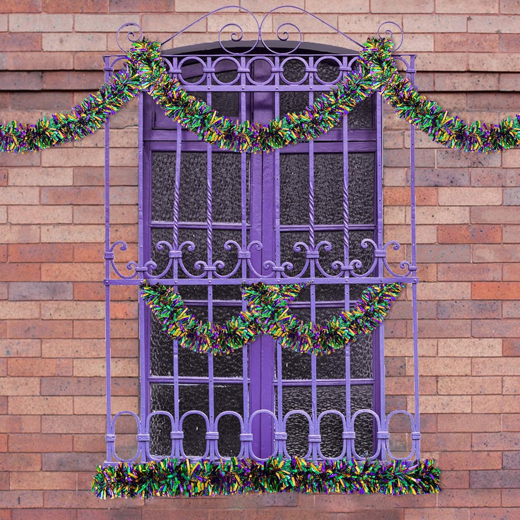 33FT Mardi Gras Tinsel Garland Purple Green Gold Metallic Twist Tinsel Garland Mardi Gras Hanging Garland for for Mardi Gras Carnival Deocoration Tree Stair Mantle Party Supply