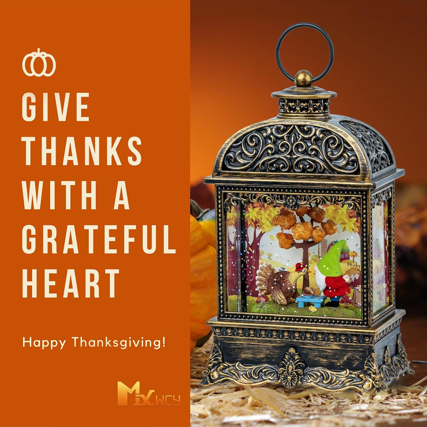 Fall Decor Snow Globe Lantern, Thanksgiving Decoration Swirling Glitter Gnome Snow Globe with Turkey, Harvest Day Gifts, Home Fall Halloween Decor