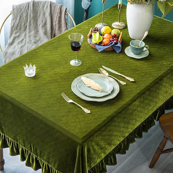 Velvet Tablecloth Luxurious Solid Rectangle Table Cloth,Oblong Retro Farmhouse Ruffle Tablecloths Washable Table Cover for Party Wedding Baby Shower Kitchen Dinning Tabletop Decoration