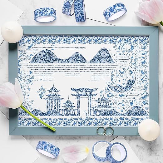 Whaline 12 Rolls Blue Floral Washi Tape Chinoiserie Flower Washi Tape Vintage Masking Decorative Gift Wrapping Paper Tape for DIY Craft Scrapbook Envelope Party Favor Supplies