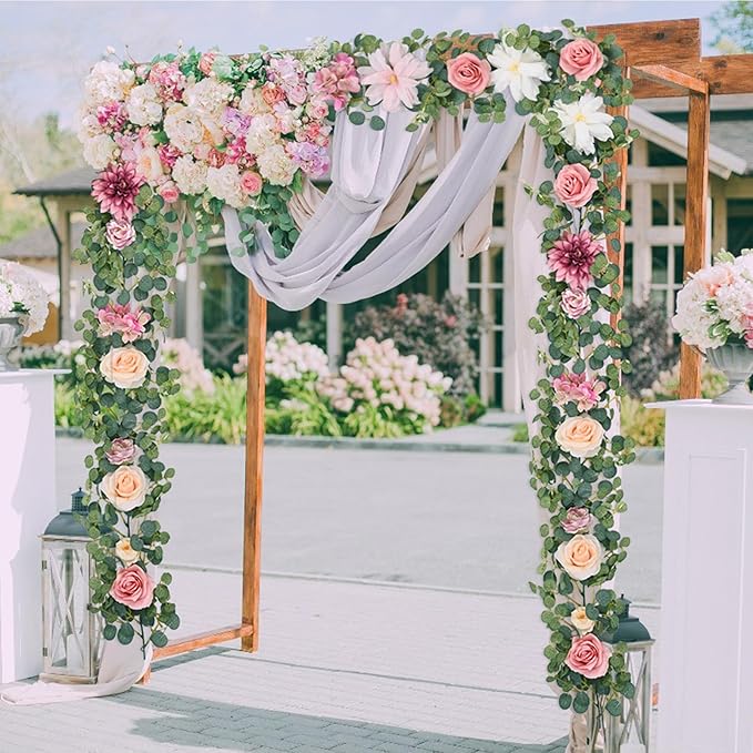 Waipfaru Flower Garland Decorations, 6.07Ft Pink Floral Rose Garland, Artificial Eucalyptus Greenery Vines with Flowers for Wedding Table Runner Centerpieces Backdrop Room Decor (Pink)