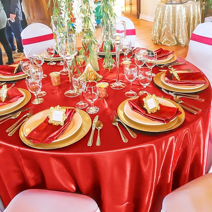 fani 6 Pack 108 Inch Red Satin Tablecloth - Premium Bright Silky Round Tablecloth Overlay Smooth Fabric Table Cover, Table Decoration for Wedding Party Banquet Events Restaurant Kitchen Dining