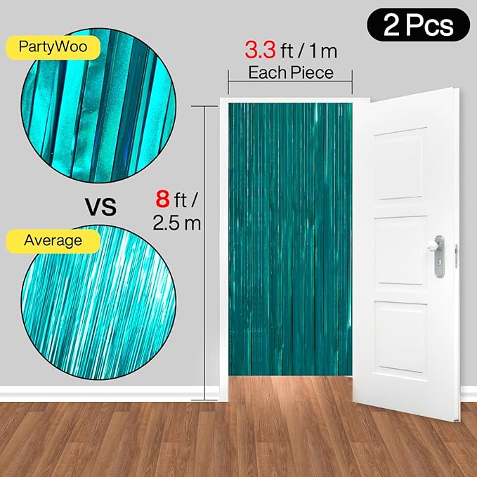 PartyWoo Foil Curtain 2 pcs, 3.3x6.6 ft Metallic Peacock Blue Tinsel Curtains, Backdrop Curtain, Foil Fringe Curtains, String Curtain, Birthday Decorations, Party Backdrop, Wedding Backdrop