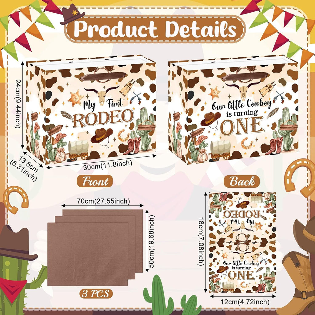 My First Rodeo Birthday Gift Bag Our Little Cowboy is Turning One Gift Bag with Tissue Paper Card Brown Wild West Western 1st Gift Wrapping Paper for Baby Boy Cowboy One Year Old Birthday Party Supply