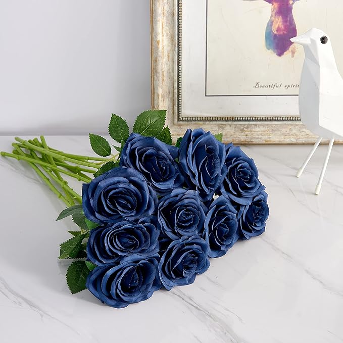 Artificial Rose 10pcs Open Flower Bouquet Navy Blue Faux Rose Stems for Wedding Arrangement, Bridal Bouquet, Centerpiece, Fake Faux Silk Flowers