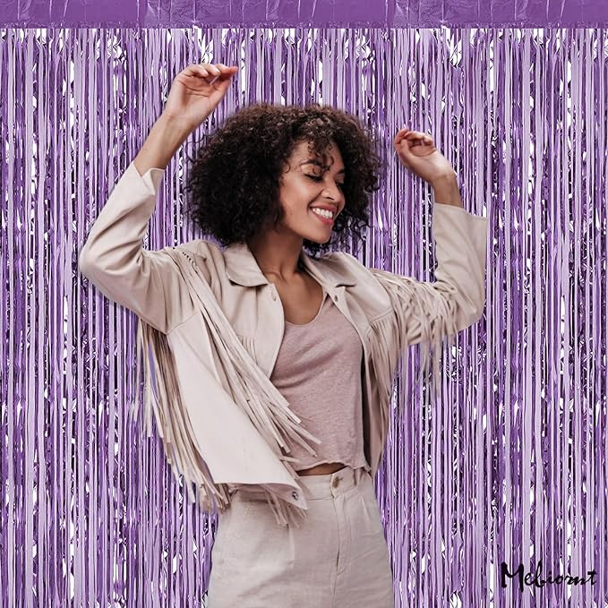 4 Pack Light Purple Fringe Curtain Backdrop, 3.2Ft x 6.6Ft Metallic Tinsel Foil Fringe Streamers Curtains Background for Photo Booth Birthday Baby Shower Party Thanksgiving Christmas Decorations