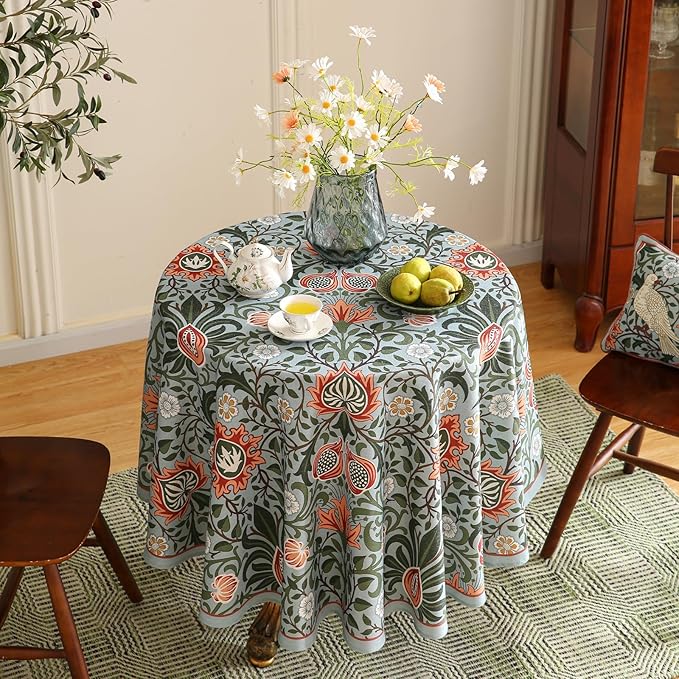 ISAENNE Designer Bohemian Linen Green Round Tablecloth,Floral Indoor Table Cloth,Stain Resistant Decor Tablecloths for Dining Thanksgiving Kitchen Party Christmas,Diameter 67"-Naples