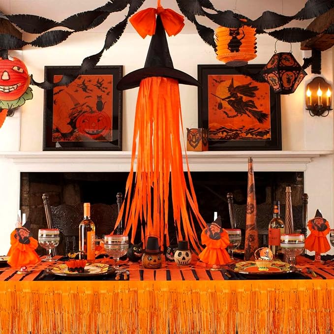 4 Pack 29x108 Inch Metallic Foil Fringe Tinsel Table Skirts for Rectangle Tables Streamer Curtains Backdrop for Wedding, Birthday, Parade Floats, Christmas, Halloween Party Decoration(Orange)