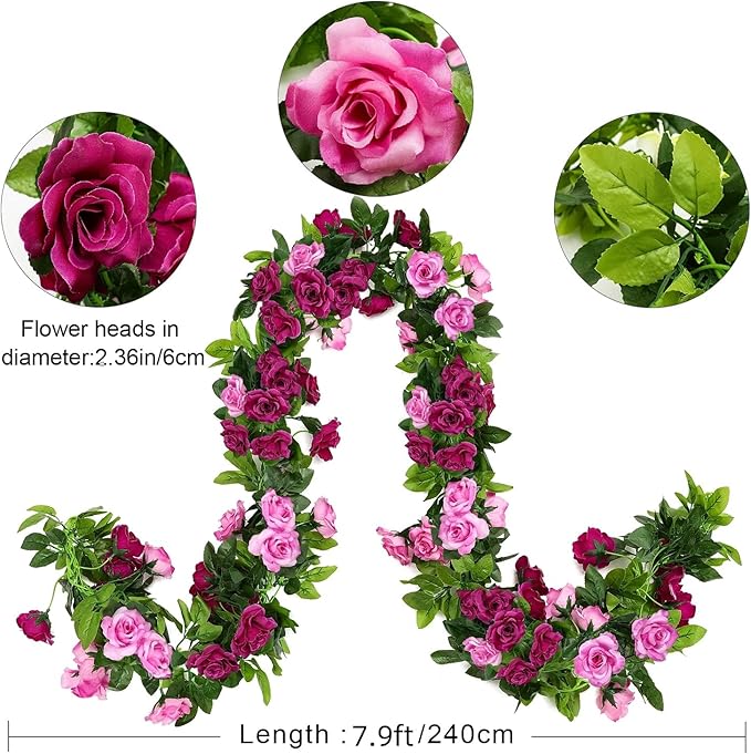 JUSTOYOU 2 Pack (15.8FT) Fake Rose Garland, Artificial Rose Vines Flowers Hanging Silk Rose Vine Wedding Home Backdrop Party Arch Arrangement Decoration