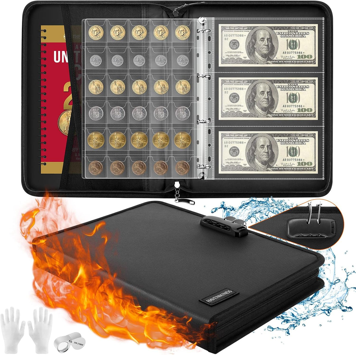 Coin Collection Book with Lock,Fireproof Holders for Collectors,300 Pockets C...