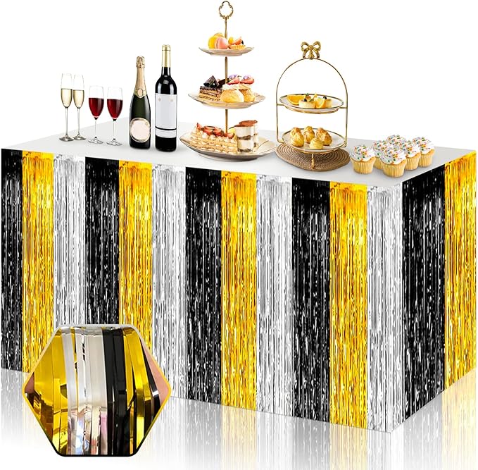 3 Pack 29 x108 Inch Black Gold Silver Foil Fringe Table Skirts Metallic Banner for Tinsel Streamer Garland Backdrop for Parade Floats Wedding Thanksgiving Birthday Christmas Halloween Party Decoration