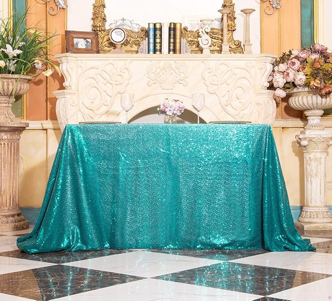 SquarePie Sequin Tablecloth Rectangular 60 x 102 Inch Teal Reflect Lights Bling Sparkly Table Linen for Wedding Party