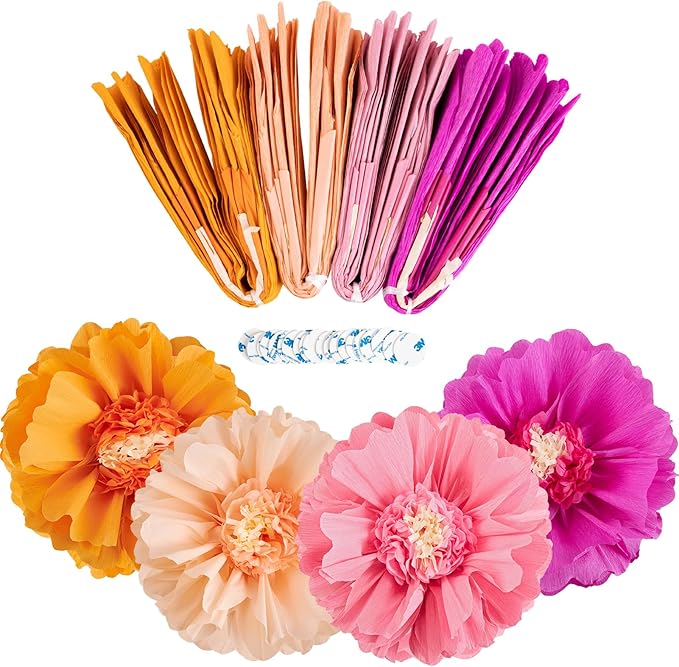 SUNBEAUTY 4 PCS 20" Hot Pink Orange Fall Birthday Party Decorations Giant Paper Flowers Large Crepe Tissue Pompoms Sunset Autumn Women Girls DIY for Wedding Backdrop Bridal Baby Shower Thanksgiving