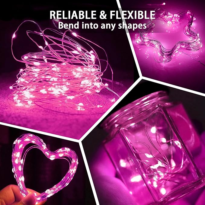 24 Pack Pink Fairy Lights 7Ft 20 LED Twinkle String Lights 3 Modes Battery Operated Waterproof Firefly Starry for Mason Jar Party Wedding Christmas Valentines Day Table Centerpieces