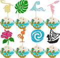 Ephlyn 32Pcs Moa Inspired Cupcake Toppers Glitter Palm Leaf Flower Cupcake Picks Tropical Hawaiian Luau Theme Cake Decorations for Baby Shower Birthday Party Cake Supplies Multi