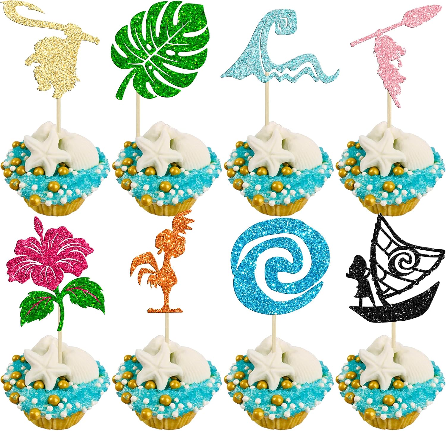 Ephlyn 32Pcs Moa Inspired Cupcake Toppers Glitter Palm Leaf Flower Cupcake Picks Tropical Hawaiian Luau Theme Cake Decorations for Baby Shower Birthday Party Cake Supplies Multi