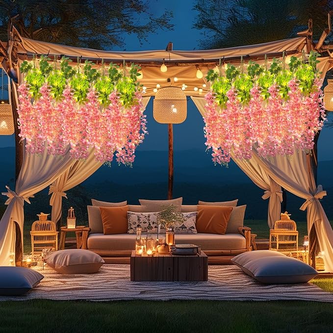 12 Pack Dark Pink Wisteria Hanging Flowers Garland with Lights, 3.44 Feet Artificial Flower Vines, Fake Wisteria, Artificial Vines Hanging Garland for Backdrop Outdoor Patio Garden Decor