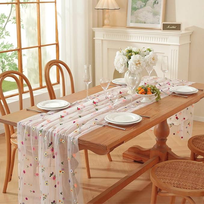 White Embroidery Daisy Fall Table Runner 120Inch 10FT Florals Soft Sheer Tulle Fabric Table Runner for Home Decor, Brithday, Wedding, Baby Shower ,Holiday ,Parties, DIY Craft,3PC