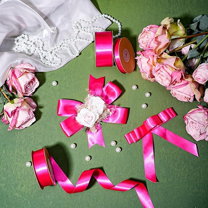 LaRibbons Hot Pink Satin Ribbon 1 Inch 25 Yards Luxury Double Faced Hot Pink Ribbon for Gift Wrapping Pink Breast Cancer Ribbons Flower Bouquet Crafts Wedding Party Christmas Decoration