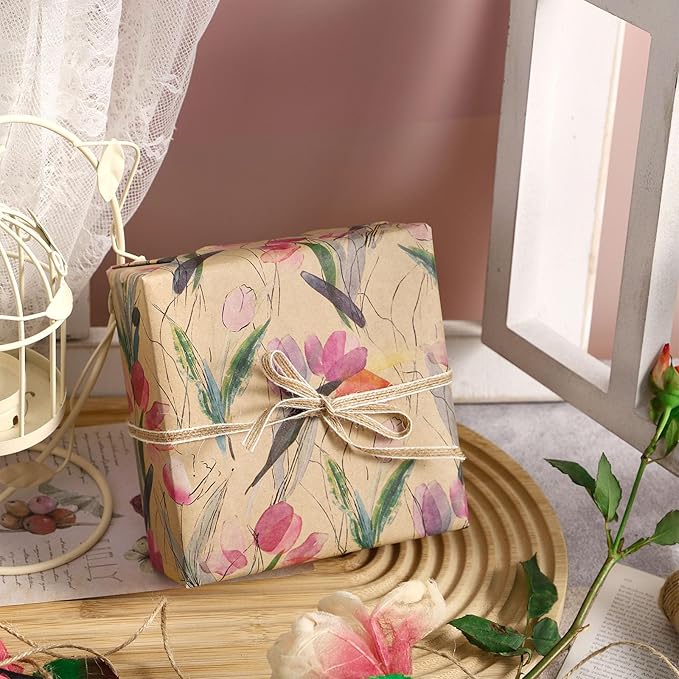 RUSPEPA Tulips Floral Wrapping Paper Roll, Watercolor Gift Wrap, Mini Roll Kraft Paper Roll for Girls, Spring, Summer, Wedding and Birthday 17 Inches x 32.8 Feet