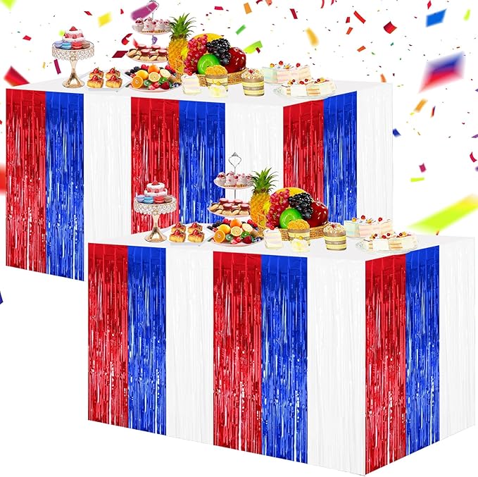 BEISHIDA 2 Pack Metallic Tinsel Foil Fringe Table Skirts for Rectangle & Round Tables Red, Blue, White Kids' Birthday, Holiday Cartoon Party Decorations Birthday, July 4th, Baby Shower, Festive Events