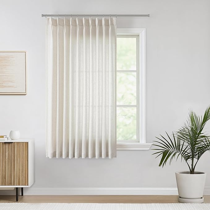 Vision Home Natural Pinch Pleated Semi Sheer Curtains Textured Linen Blended Light Filtering Window Curtains 72 inch for Living Room Bedroom Patio Pinch Pleat Drapes with Hooks 1 Panel 60" Wx72 L