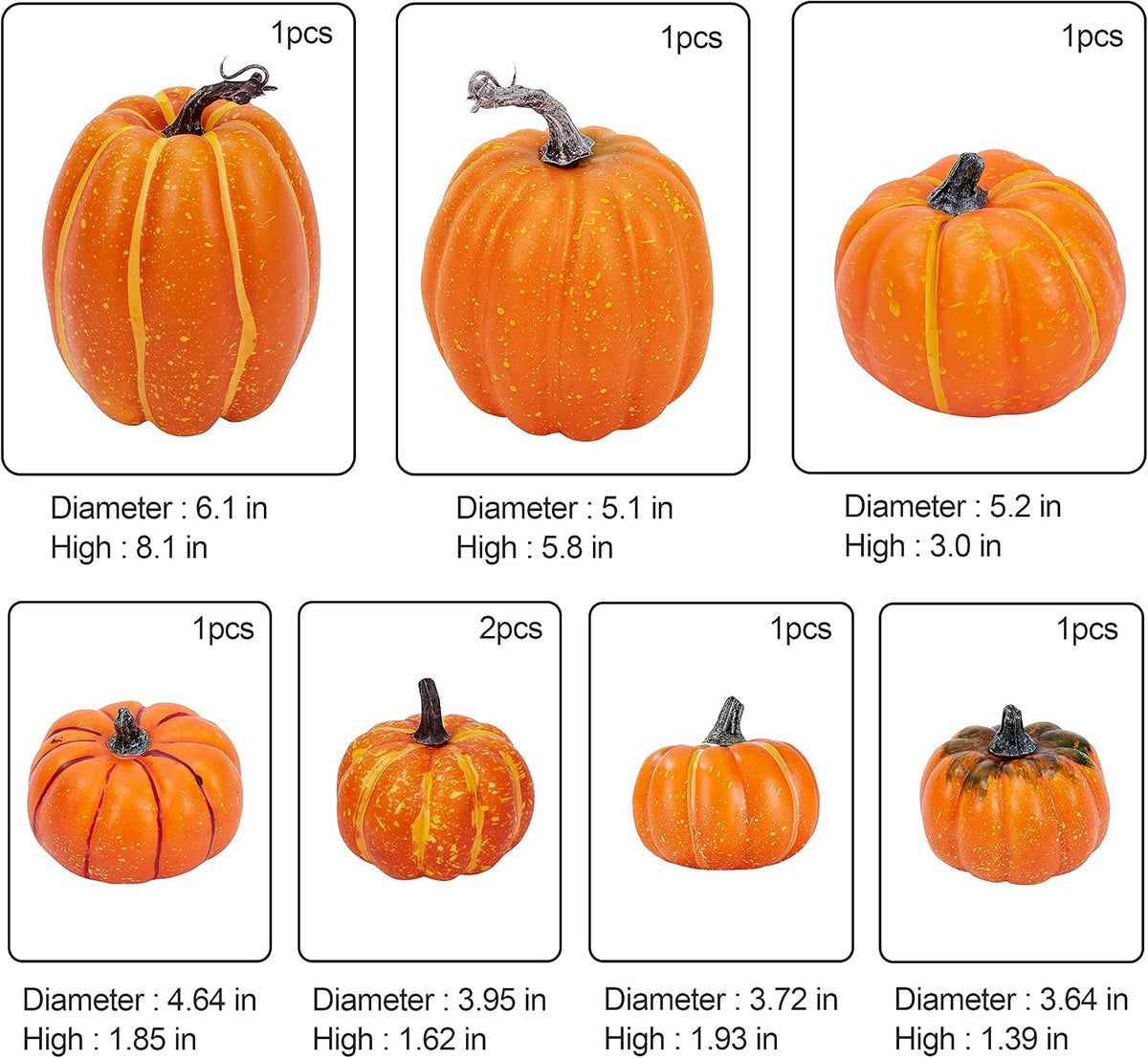 Artmag 8 Pcs Assorted Sizes Harvest Orange Artificial Pumpkins for Fall Hallo...