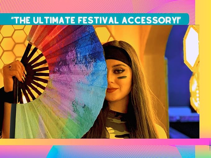 Large Rave Fan - 2 Pack Handheld Folding Fans With Holder - Accessories for Festivals, EDM, Burlesque, Drag Queen, Raver Gifts (Meteorite)