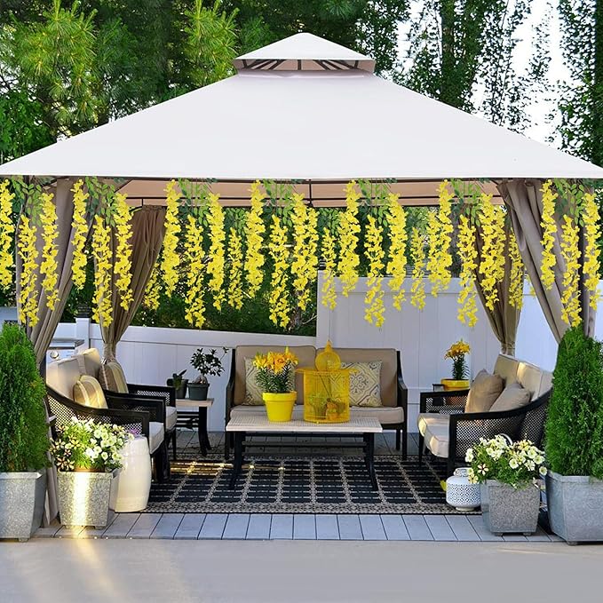 36 Pack Wisteria Hanging Artificial Flowers Fake Flowers Ratta Hanging Garland Silk Flowers String for Home Garden Party Wedding Backdrop Arch Decor (Yellow)