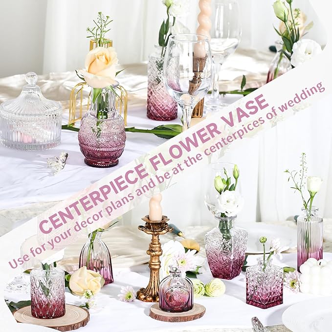 Mini Bud Vases Set of 12 As Wedding Centerpieces for Tables,Clear Bud Vases for Flowers,Small Flower Vases Suitable for Birthday Party,Anniversary,Wedding Reception,Baby Shower (Purple)