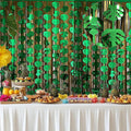 OQOQ Hawaiian Decorations Tinsel Foil Fringe Curtains (4 Pcs) - 3.3x6.6 Ft Dark Gold and Green Tropical Leaves Tinsel Curtains for Summer Jungle Aloha Luau Party Decor Photo Booth Prop Backdrop
