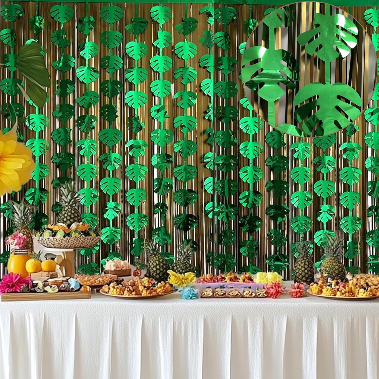 OQOQ Hawaiian Decorations Tinsel Foil Fringe Curtains (4 Pcs) - 3.3x6.6 Ft Dark Gold and Green Tropical Leaves Tinsel Curtains for Summer Jungle Aloha Luau Party Decor Photo Booth Prop Backdrop