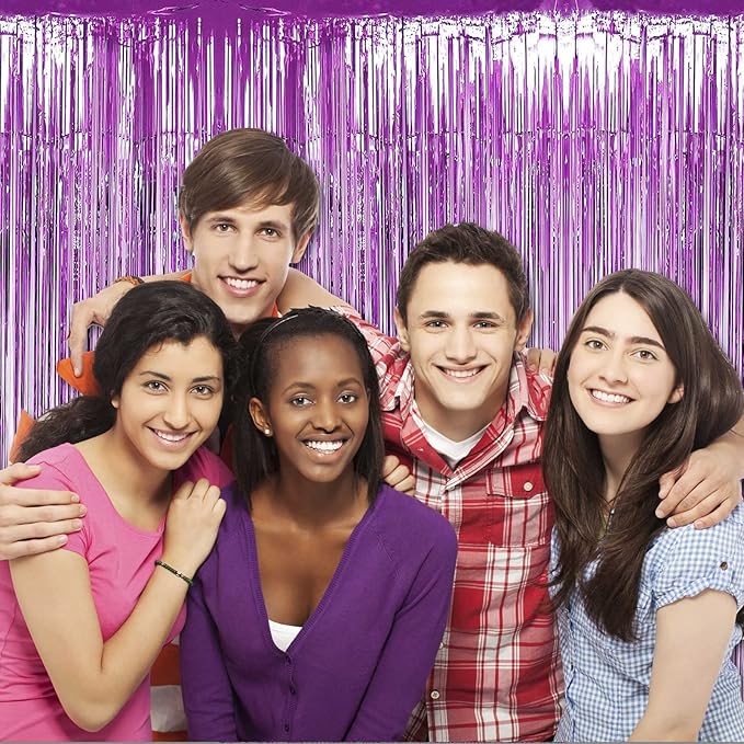 4 Pack Light Purple Foil Fringe Curtain Backdrop, 3.28Ft x 8.2Ft Metallic Tinsel Foil Fringe Streamers Curtains for Party,