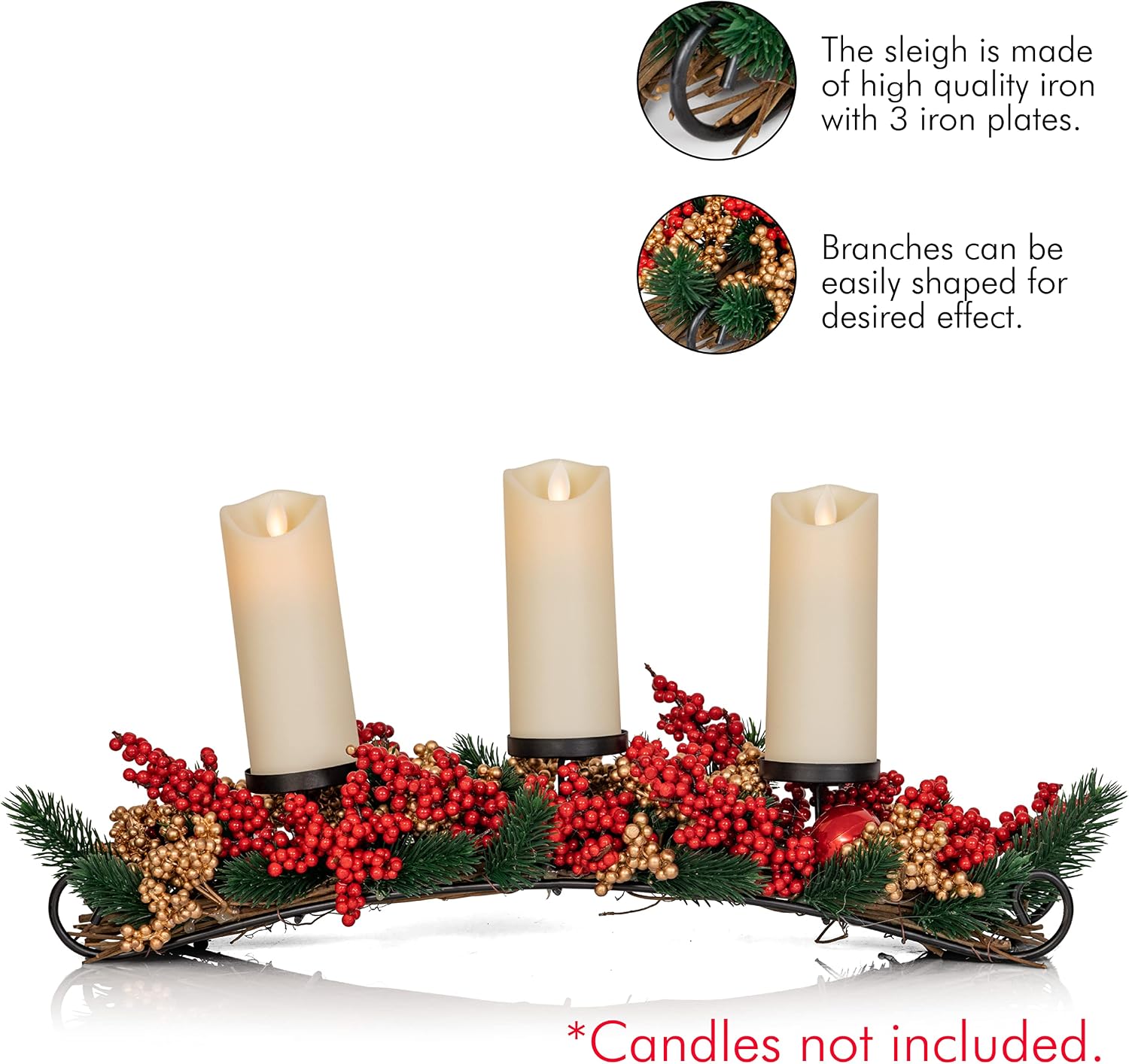 Ornativity Christmas Décor Candle Holder – Xmas Table Themed Candle Holder Centerpiece Decorations with Red and Gold Berries, Twigs, and Evergreens