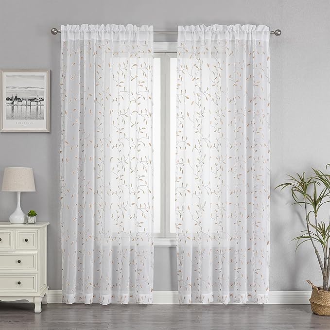 VISIONTEX White Sheer Voile Curtains, Decorative Orange Leaves Embroidery Faux Linen Rod Pocket Window Drapes for Home Kitchen, Living Room and Bedroom 54 x 63 Inch, Set of 2 Curtain Panels