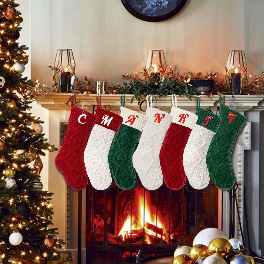Christmas Stockings with Initials, Personalized Custom 18" Large Embroidered Monogram Knit Kids Xmas Stocking Holiday Party Fireplace Family Hanging Stocking Decoration Red Letter M