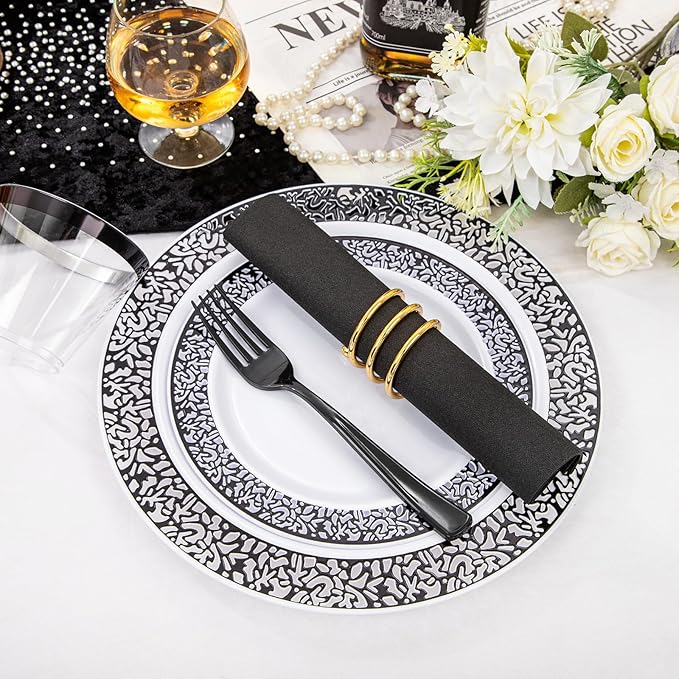 WELLIFE 350Pcs Black Plastic Dinnerware and Napkins Party Supplies Include:50 Dinner Plates, 50 Dessert Plates, 50 Napkins, 50 Cups and 50 Plastic Cutlery