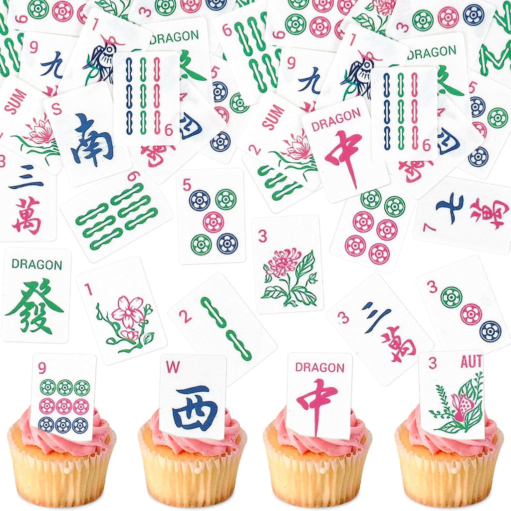 42Pcs Edible Chinese Mahjong Cupcake Toppers Mah-Jong Tiles Cupcake Picks Mahjong Playing Card Cupcake Decorations for Mah-jong Lover Birthday Cake Cupcake Decorations Mahjong Game Party Supplies
