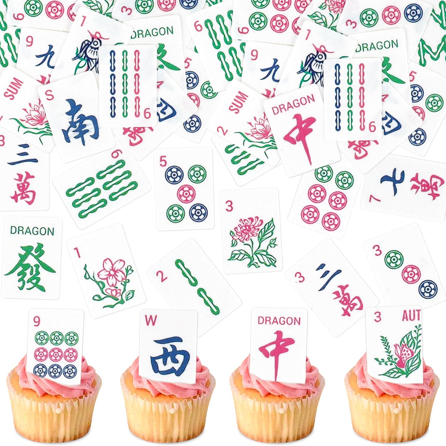 42Pcs Edible Chinese Mahjong Cupcake Toppers Mah-Jong Tiles Cupcake Picks Mahjong Playing Card Cupcake Decorations for Mah-jong Lover Birthday Cake Cupcake Decorations Mahjong Game Party Supplies