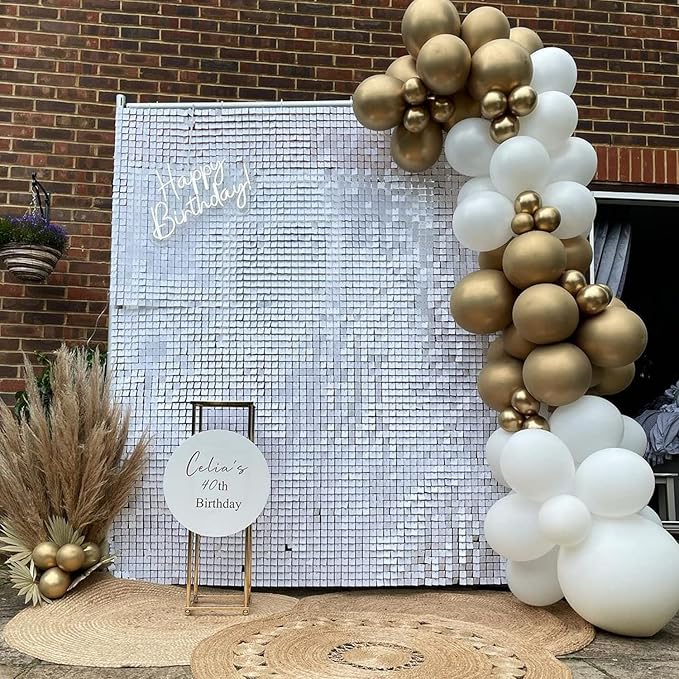 Qcity Matte White Sequin Wall Backdrop 24PCS, Black Back Not See-Through Design, Square Sequin Glitter Backdrop Panel, Perfect for Outdoor Events, Birthdays, Wedding and Party Decoration