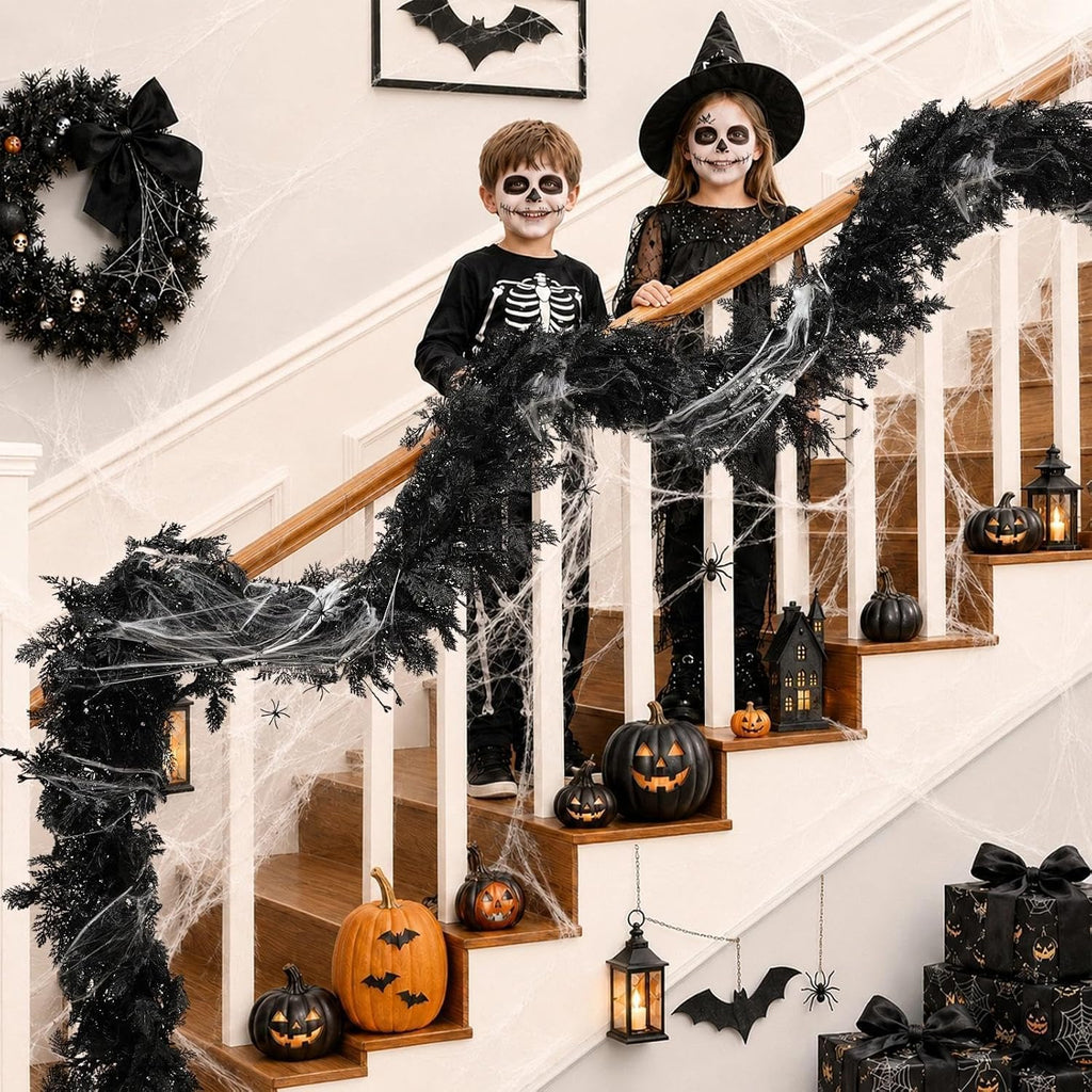 pre-lit halloween garland decorations black real touch cedar showing dimensions