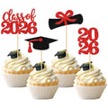 36 PCS 2026 Graduation Theme Cupcake Toppers Glitter Class of 2026 Grad Cap Diploma Cupcake Picks 2026 Graduation Theme Party Cake Decorations Supplies Red