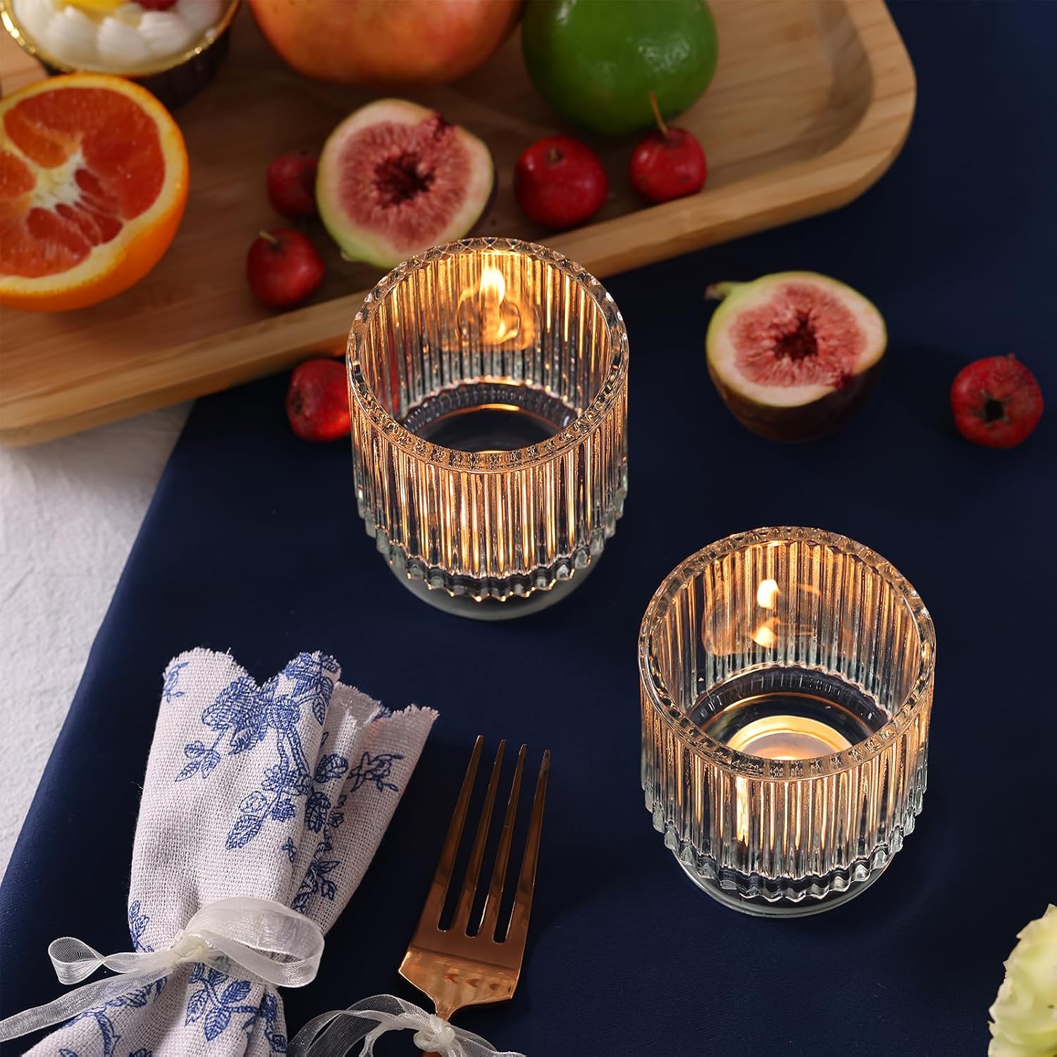 DEVI 8pcs Clear Glass Votive Candle Holder Decor, Boho Candle Holder for Wedding Decorations, Centerpiece Table Decorations for Valentine, Vintage Mothers Day Home Party Table Decorations