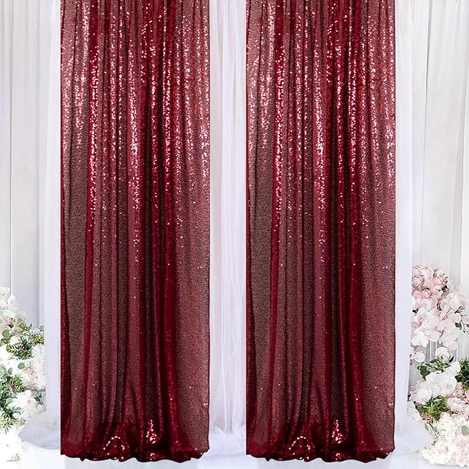 ShinyBeauty Sequin Curtains Panels Burgundy Backdrop Curtain 4 Pieces Photobooth Shimmer Background Glitter Fabric Maroon Christmas Backdrops Party Birthday Wedding Decor (2Ftx8Ft)