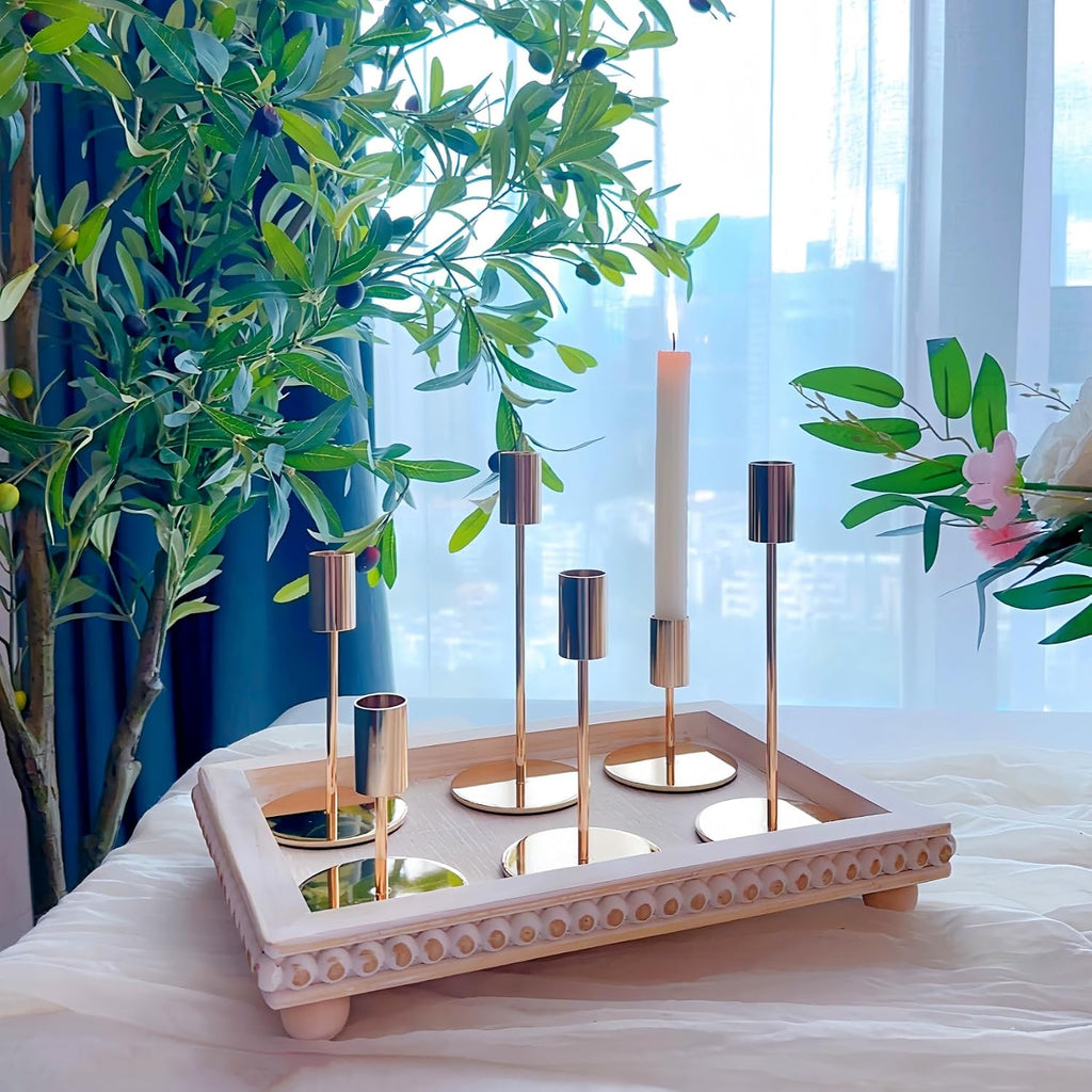 Gold Candlestick Holders, Taper Candle Holders, Set of 6, 3 Heights | Modern metal table decor with stable round bases for wedding centerpieces, dining tables, mantels, parties, and home decor